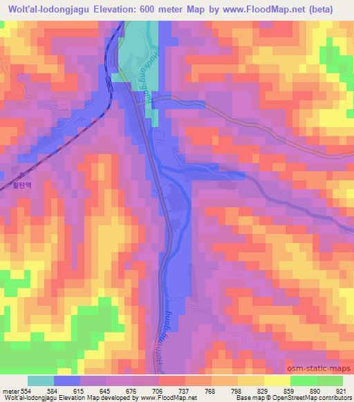 Wolt'al-lodongjagu,North Korea Elevation Map