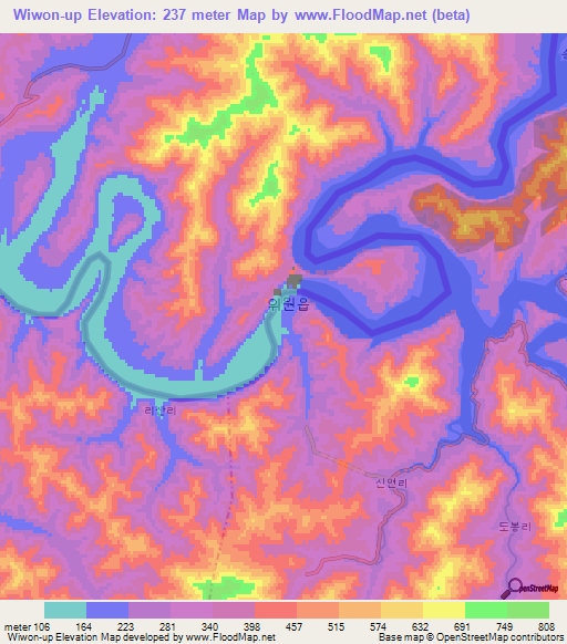 Wiwon-up,North Korea Elevation Map