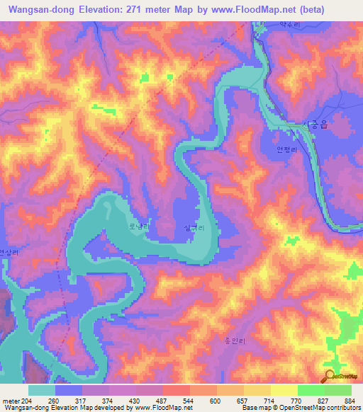 Wangsan-dong,North Korea Elevation Map