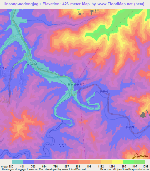 Unsong-nodongjagu,North Korea Elevation Map