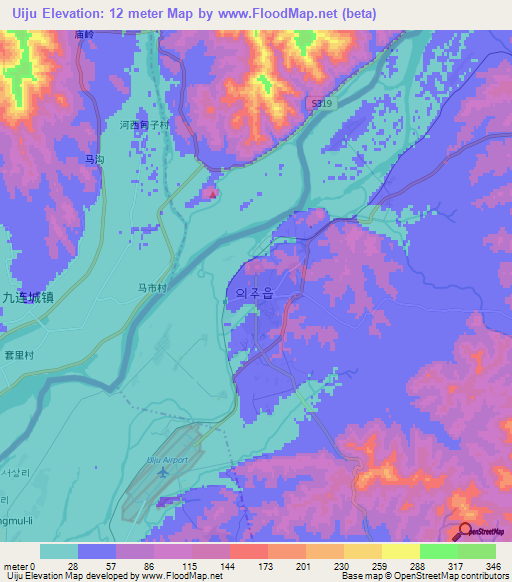 Uiju,North Korea Elevation Map
