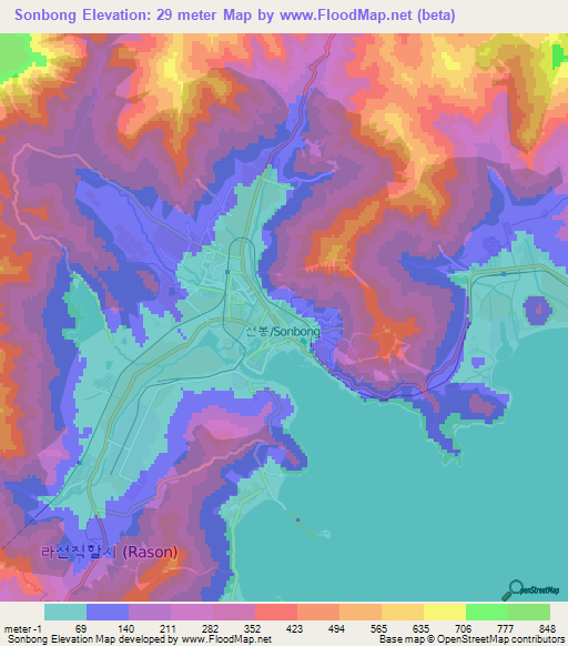 Sonbong,North Korea Elevation Map