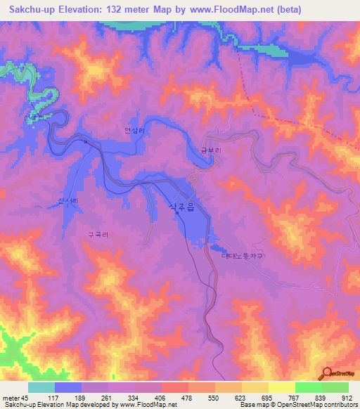 Sakchu-up,North Korea Elevation Map