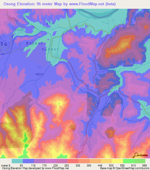 Osong,North Korea Elevation Map