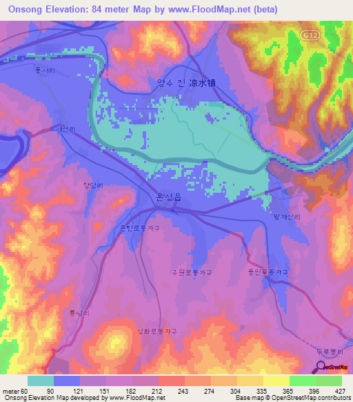 Onsong,North Korea Elevation Map