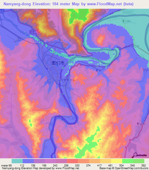 Namyang-dong,North Korea Elevation Map