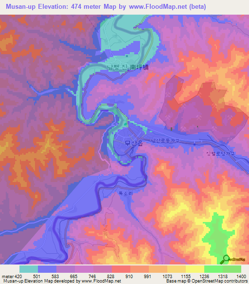 Musan-up,North Korea Elevation Map