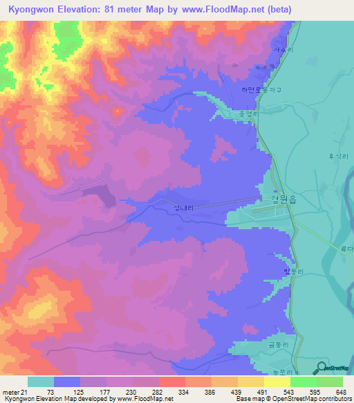 Kyongwon,North Korea Elevation Map