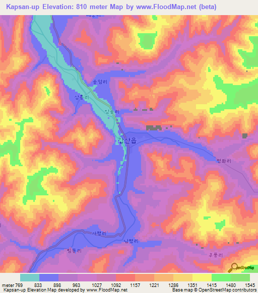 Kapsan-up,North Korea Elevation Map
