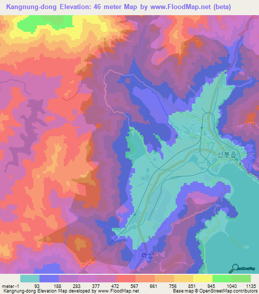 Kangnung-dong,North Korea Elevation Map