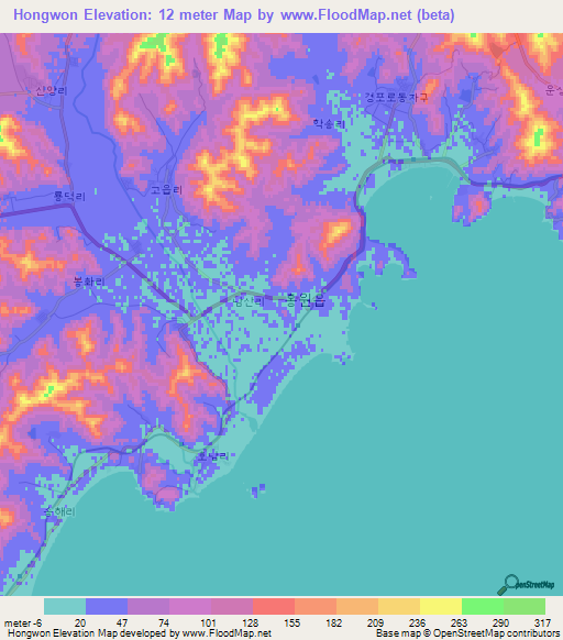 Hongwon,North Korea Elevation Map