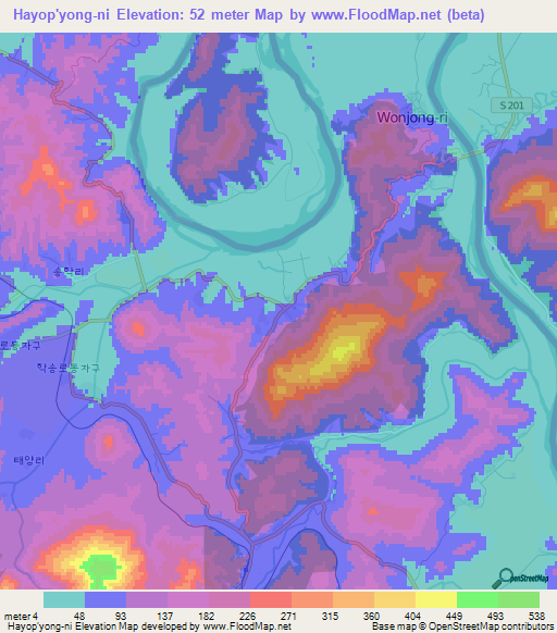 Hayop'yong-ni,North Korea Elevation Map