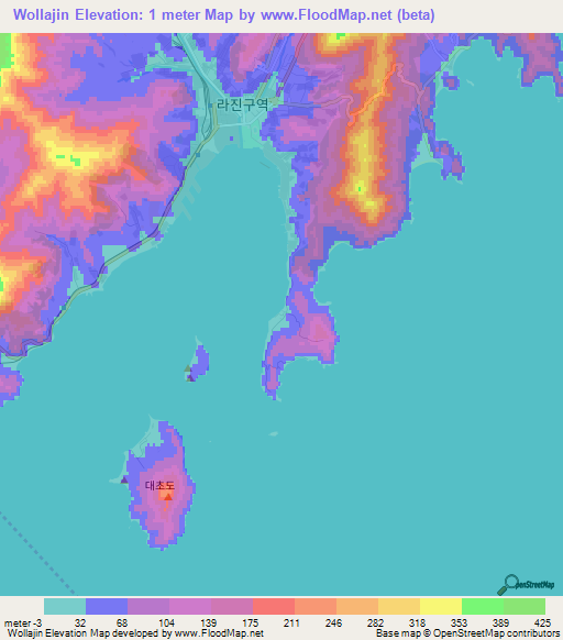Wollajin,North Korea Elevation Map