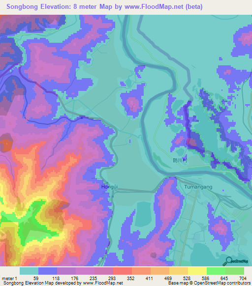 Songbong,North Korea Elevation Map