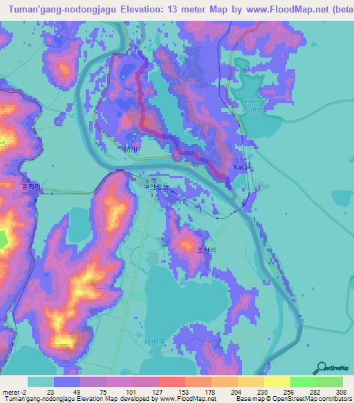 Tuman'gang-nodongjagu,North Korea Elevation Map