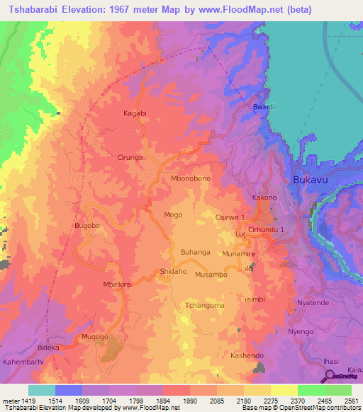 Tshabarabi,Congo (Kinshasa) Elevation Map