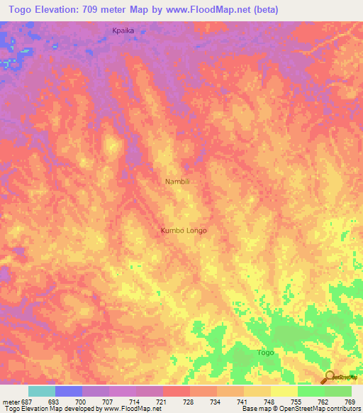 Togo,Congo (Kinshasa) Elevation Map