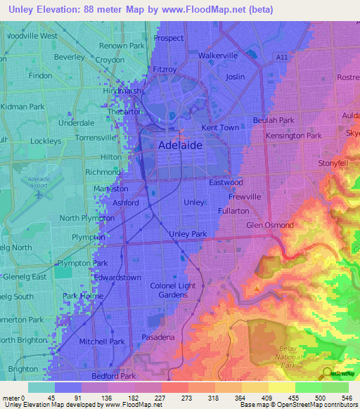 Unley,Australia Elevation Map