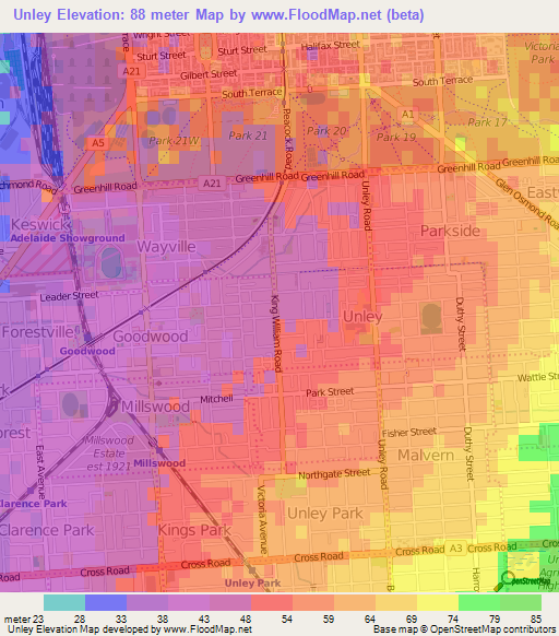 Unley,Australia Elevation Map