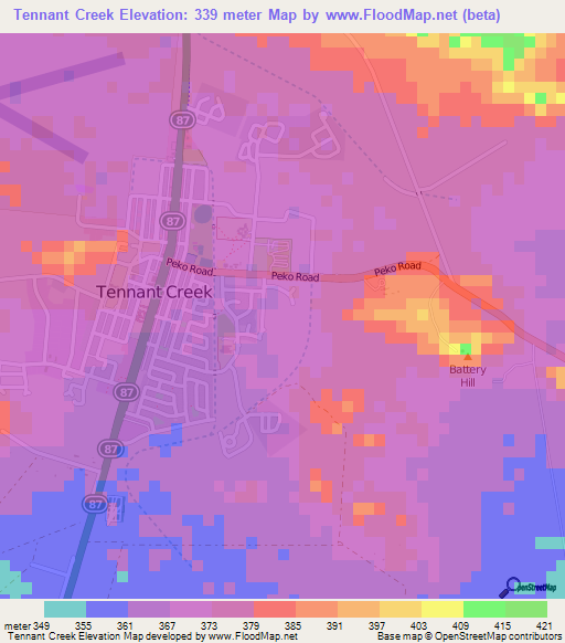 Tennant Creek,Australia Elevation Map
