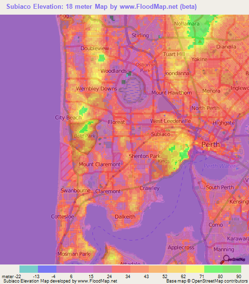 Subiaco,Australia Elevation Map