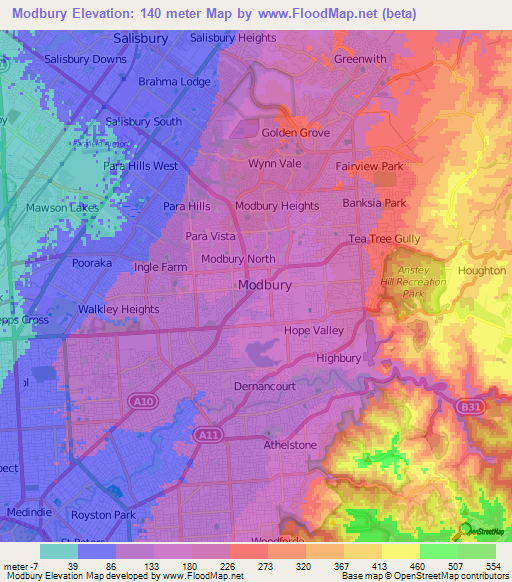 Modbury,Australia Elevation Map