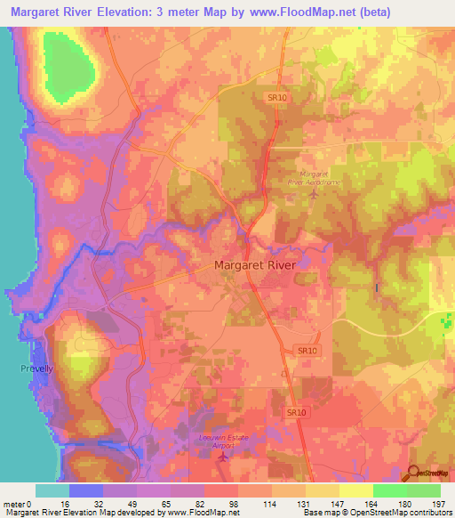 Margaret River,Australia Elevation Map
