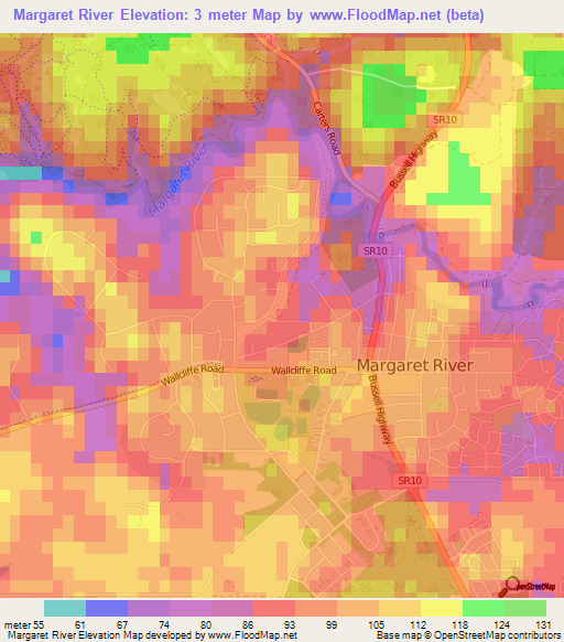 Margaret River,Australia Elevation Map