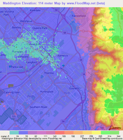 Maddington,Australia Elevation Map