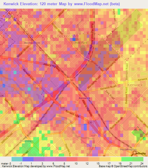 Kenwick,Australia Elevation Map