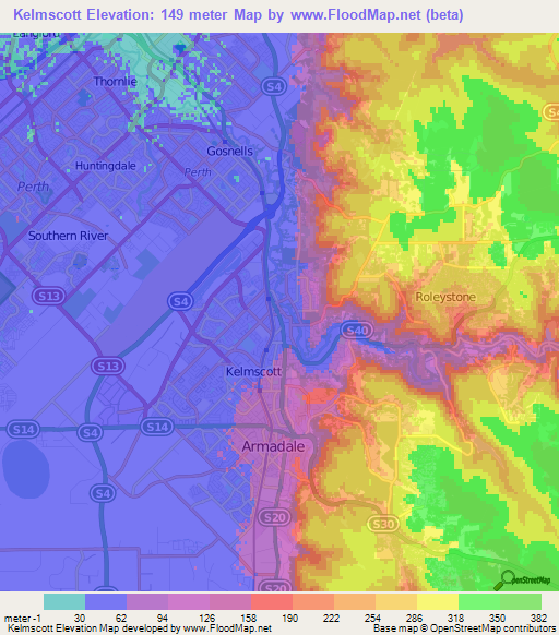 Kelmscott,Australia Elevation Map