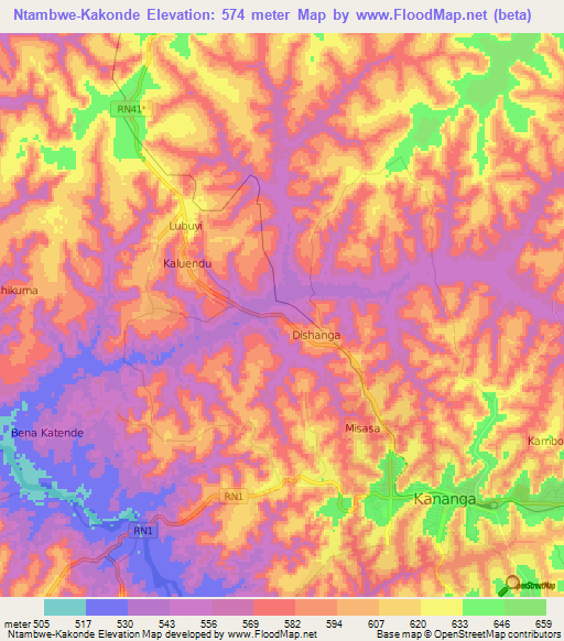 Ntambwe-Kakonde,Congo (Kinshasa) Elevation Map