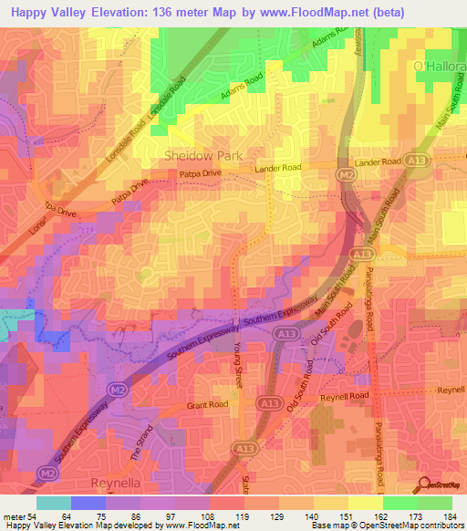 Happy Valley,Australia Elevation Map