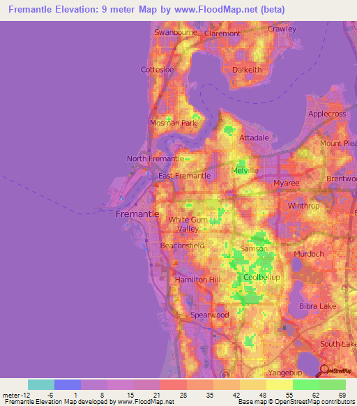 Fremantle,Australia Elevation Map