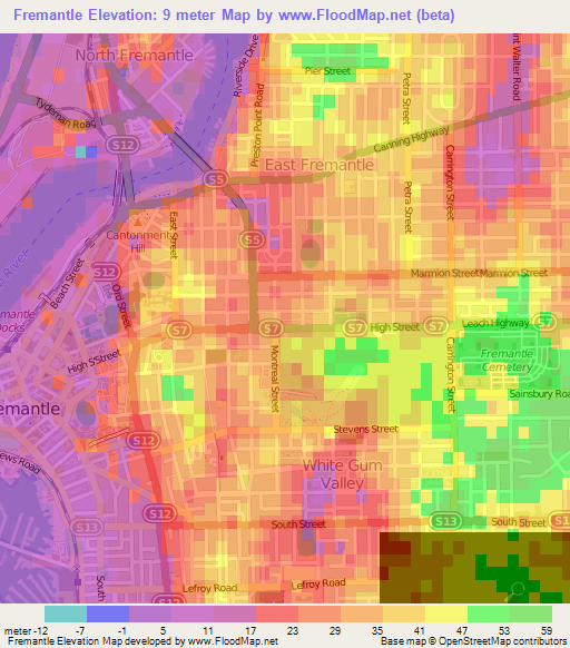 Fremantle,Australia Elevation Map