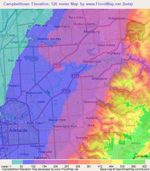 Campbelltown,Australia Elevation Map
