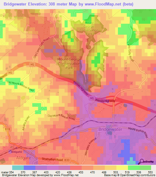 Bridgewater,Australia Elevation Map