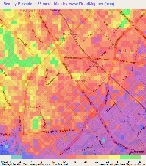 Bentley,Australia Elevation Map