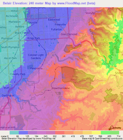 Belair,Australia Elevation Map