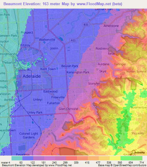 Beaumont,Australia Elevation Map