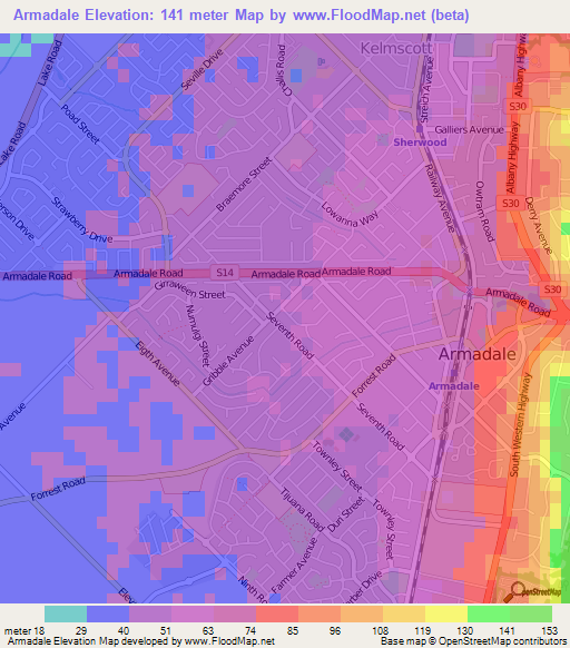 Armadale,Australia Elevation Map