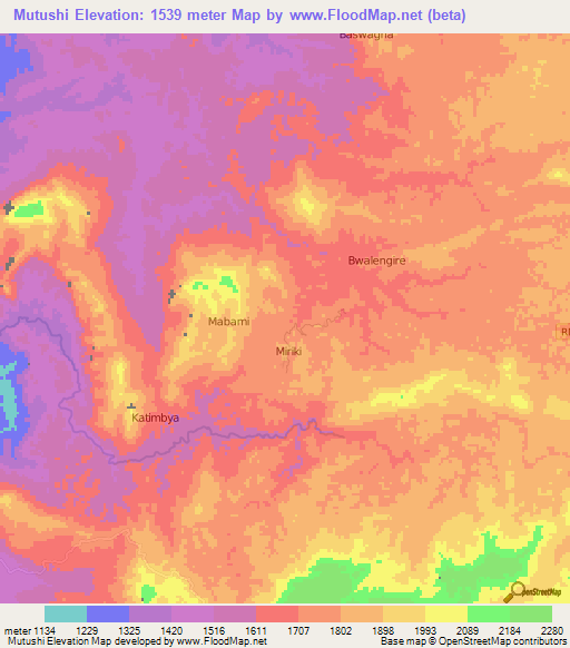 Mutushi,Congo (Kinshasa) Elevation Map