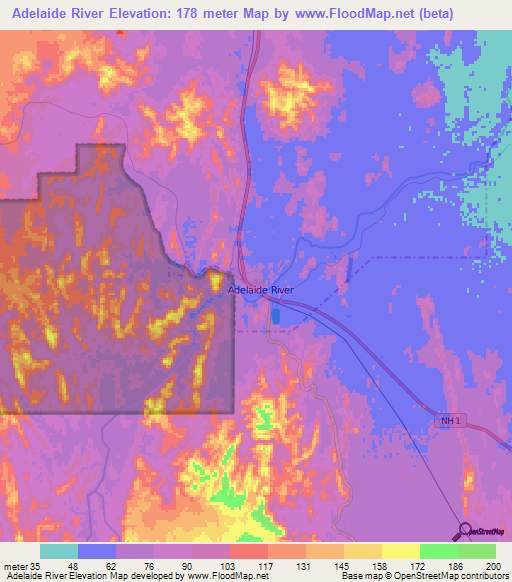 Adelaide River,Australia Elevation Map