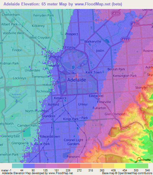 Adelaide,Australia Elevation Map
