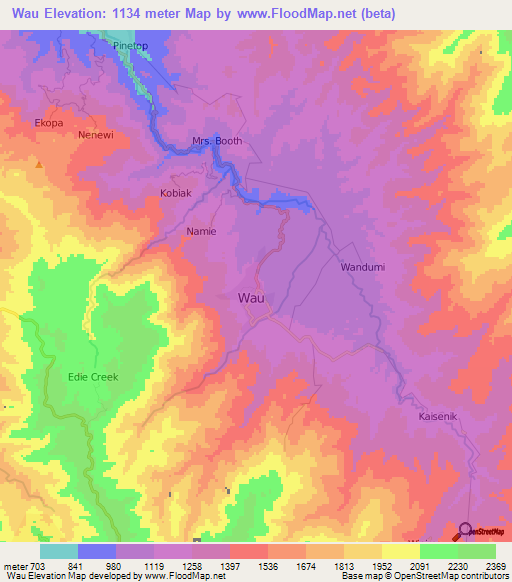Wau,Papua New Guinea Elevation Map