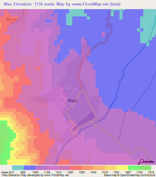 Wau,Papua New Guinea Elevation Map