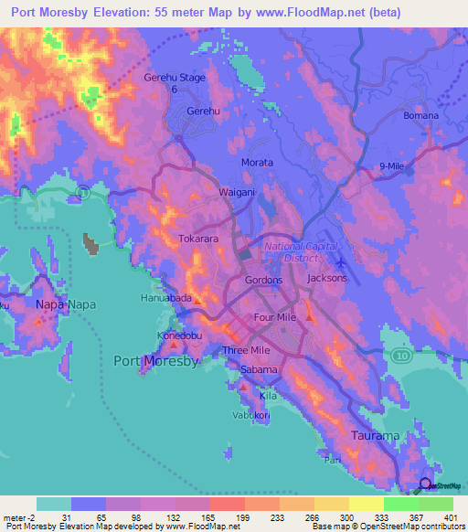 Port Moresby,Papua New Guinea Elevation Map