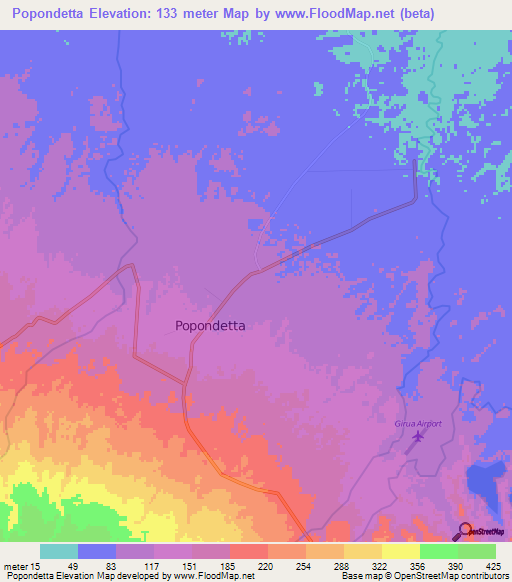 Popondetta,Papua New Guinea Elevation Map