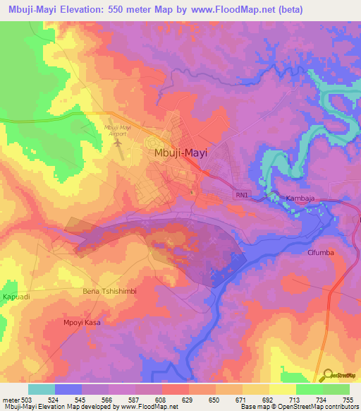 Mbuji-Mayi,Congo (Kinshasa) Elevation Map