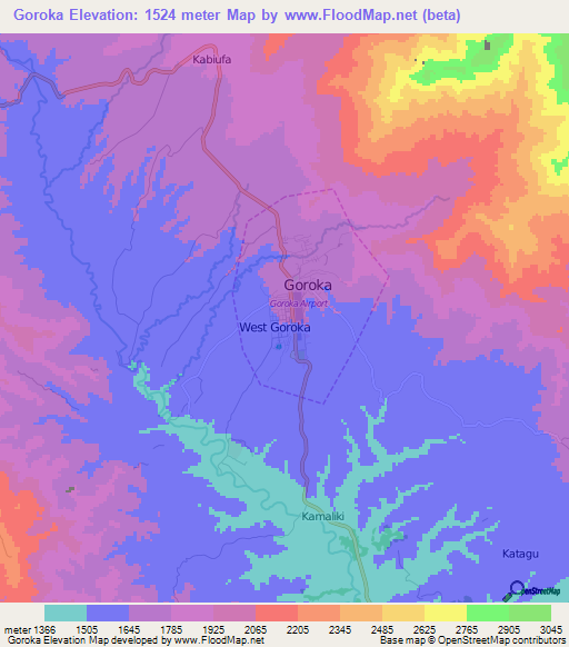 Goroka,Papua New Guinea Elevation Map